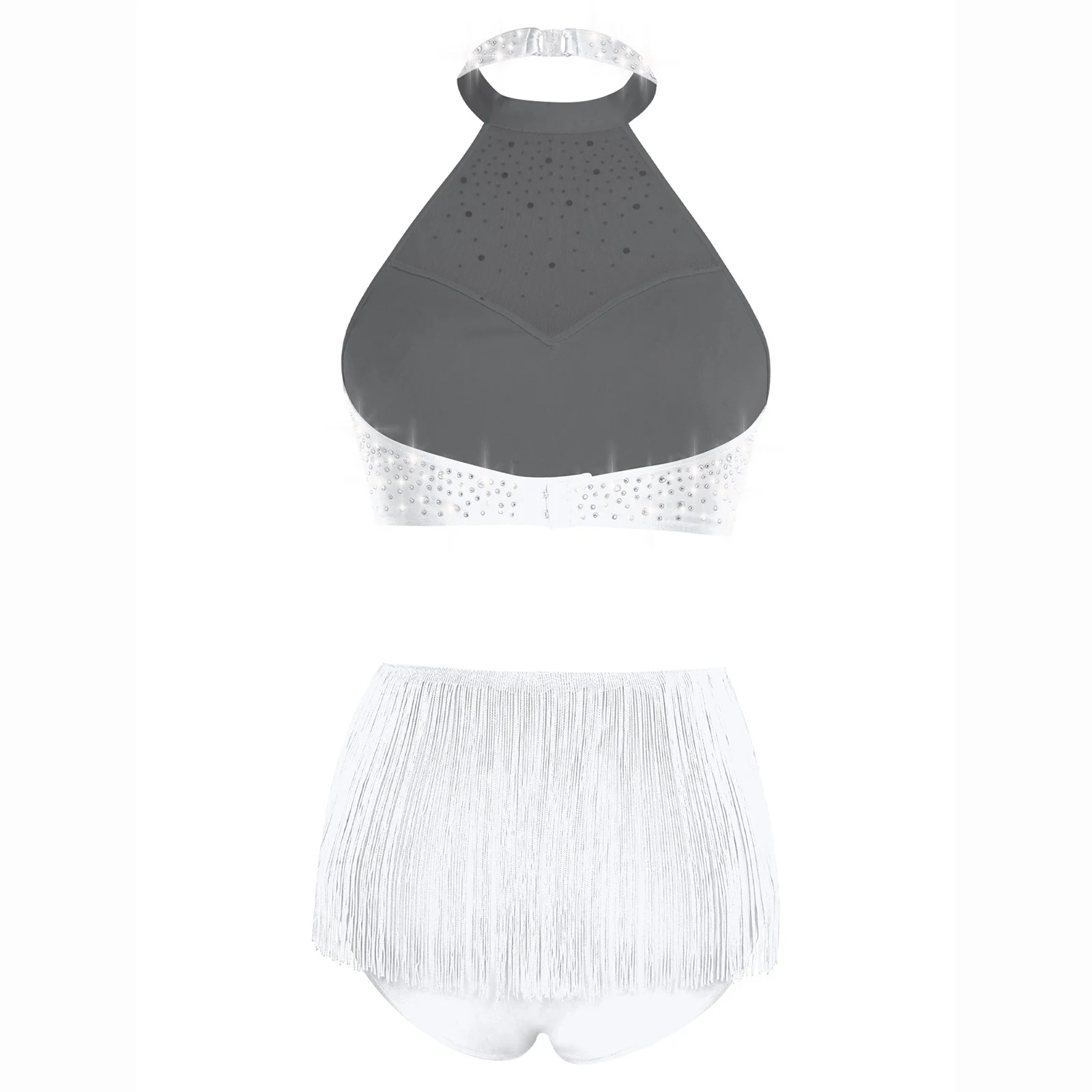 Dames Latin Dance Outfits Strass Competitie Halter Sheer Mesh Crop Tops met kwastje Shorts voor Salsa Samba Buikdansen