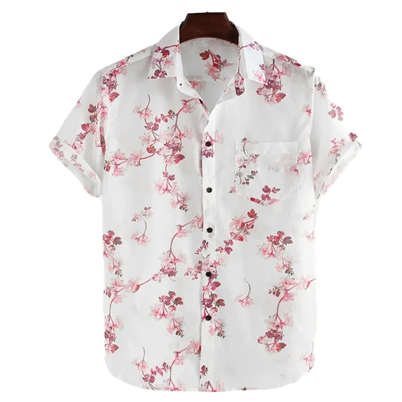 Men's Casual Painting Plum Flower Roll Callor Short Sleeve Shirt Single Breasted Clothing