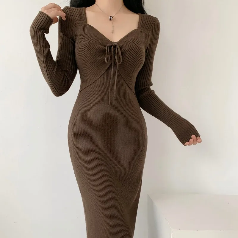 Women Autumn Winter French Sexy Slim Long Sweater Dress Lady V-Neck Solid Lace Up Knitting Bottoming Dresses New Knitwear Female