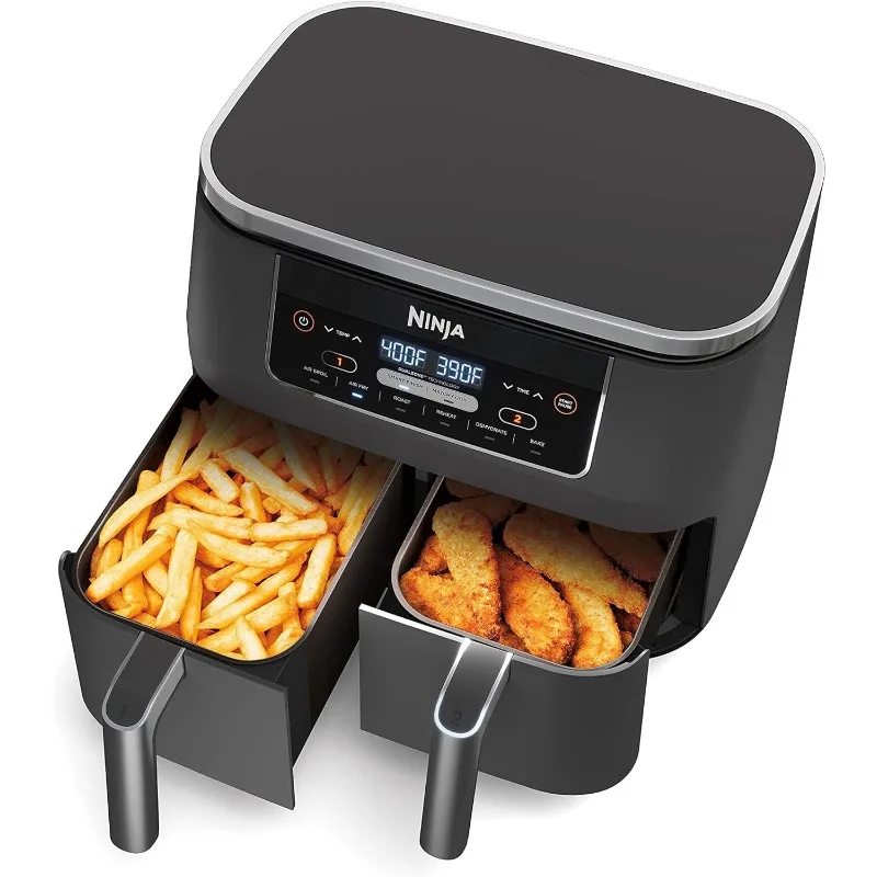 หม้อทอด Air fryer 2ตะกร้านินจา DZ201 Foodi 6-in-1พร้อมเทคโนโลยี Dualzone ความจุ8ควอร์ตและผิวสแตนเลสสีเทาเข้ม