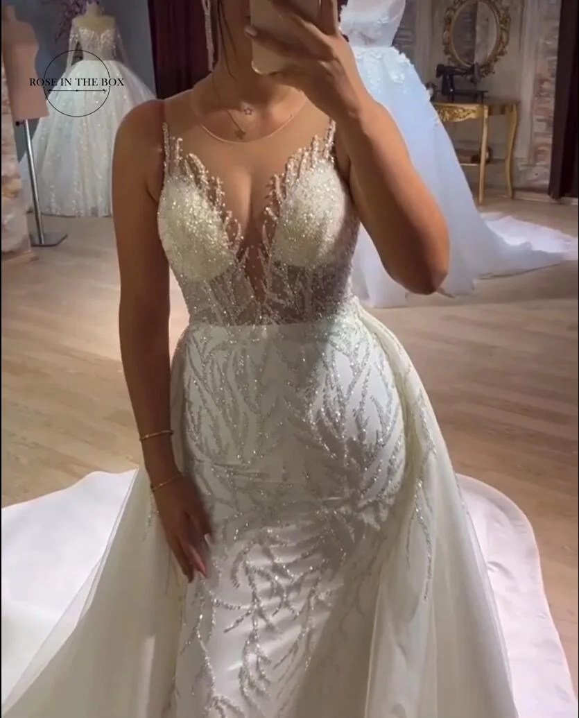 Luxus Meerjungfrau Hochzeit Kleider Für Frauen 2023 Sheer Neck Perlen Spitze Brautkleider Mit Abnehmbaren Zug Robe De Mariage