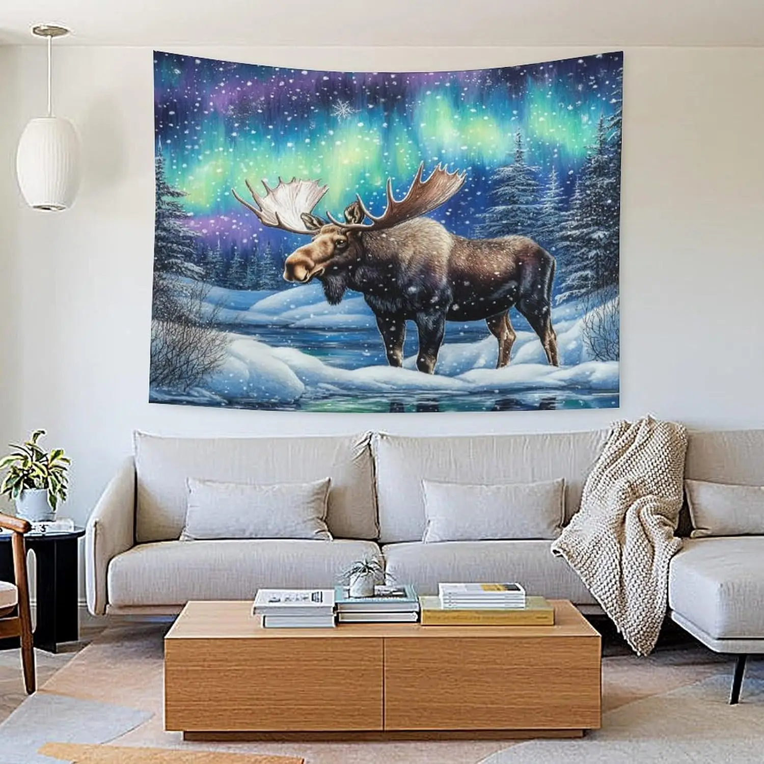 Aurora Moose Tapestry, Magical Moose in Snowy Forest with Northern Lights Print Wall Hanging for Cozy and Artistic Home Decor