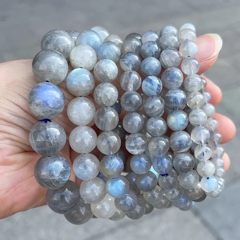 JD Natural Stone Grey Moonstone Labradorite Round Beads Bracelets Women Men Charm Energy Single Circle Stretch Bracelet Jewelry