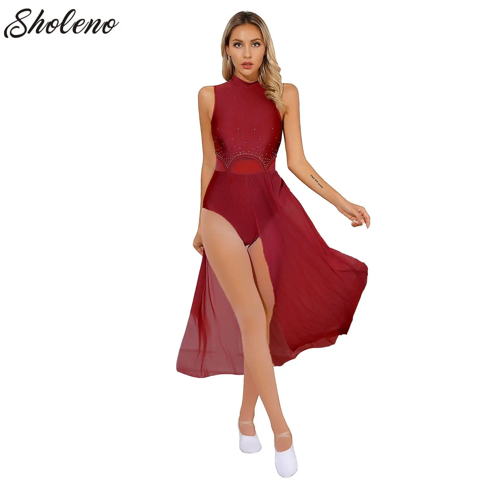 

Women Lyrical Dance Dress Ballet Gymnastics Skating Stage Performance Costume Sleeveless Shiny Rhinestones Split Leotard Dresses
