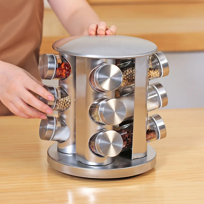 

430 Stainless Steel Rotating Spice Rack Kitchen Spice Jars Set with Storage Box
