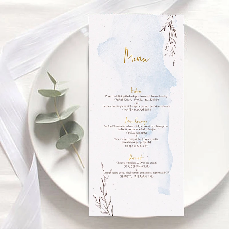 

30pcs Personalized Paper Wedding Menu Birthday Party Baby Bridal Shower Thank You Pampas Grass Plate Process Card 300g