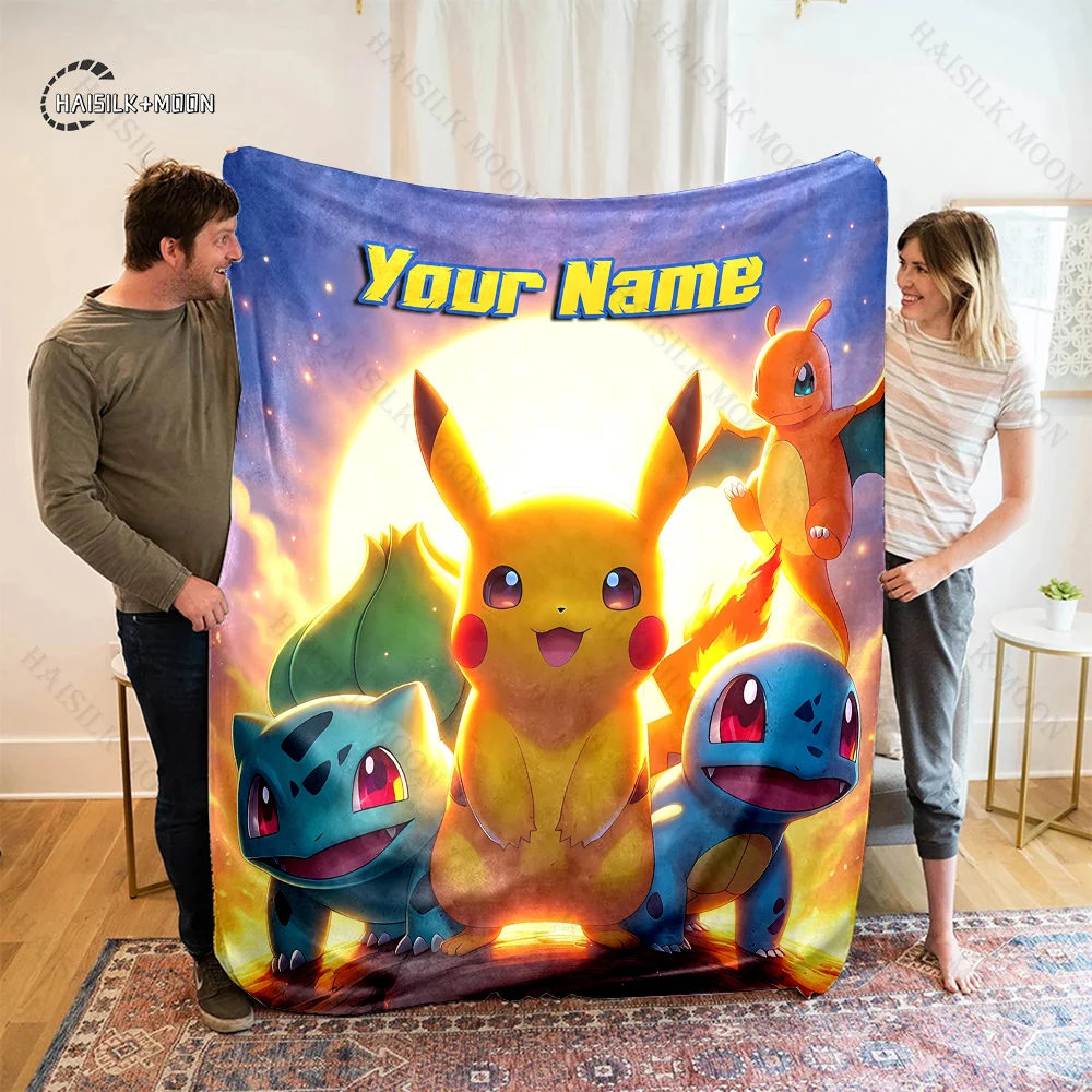 1PC Custom Name Pokemon Pikachu Charizard Printed Blanket, All-Season Multi-Use for Nap, Camping, Travel,sofa Machine Washable