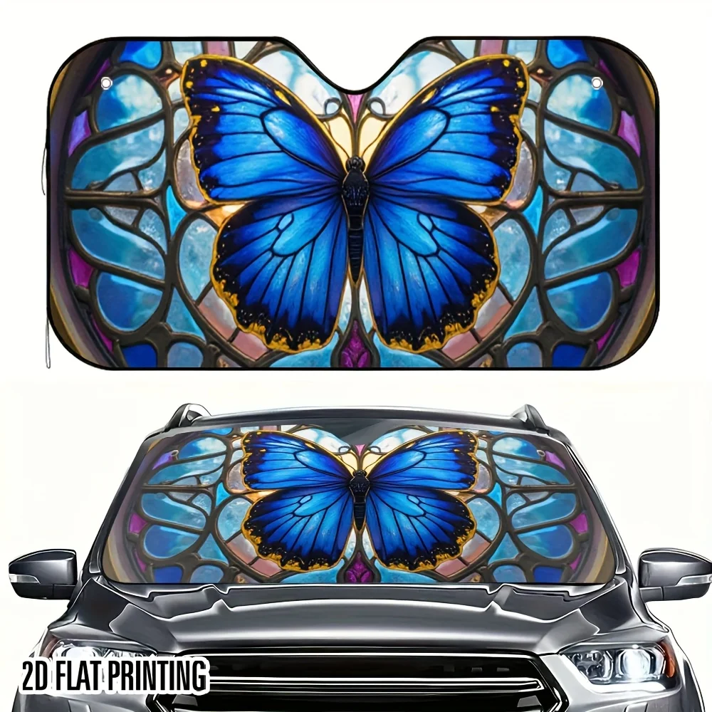 1pc 2D Flat Butterfly Dance Colorful Window Art Print Car Sunshade – Easy Install With 4 Suction Cups, Keeps Car Cool, Foldable