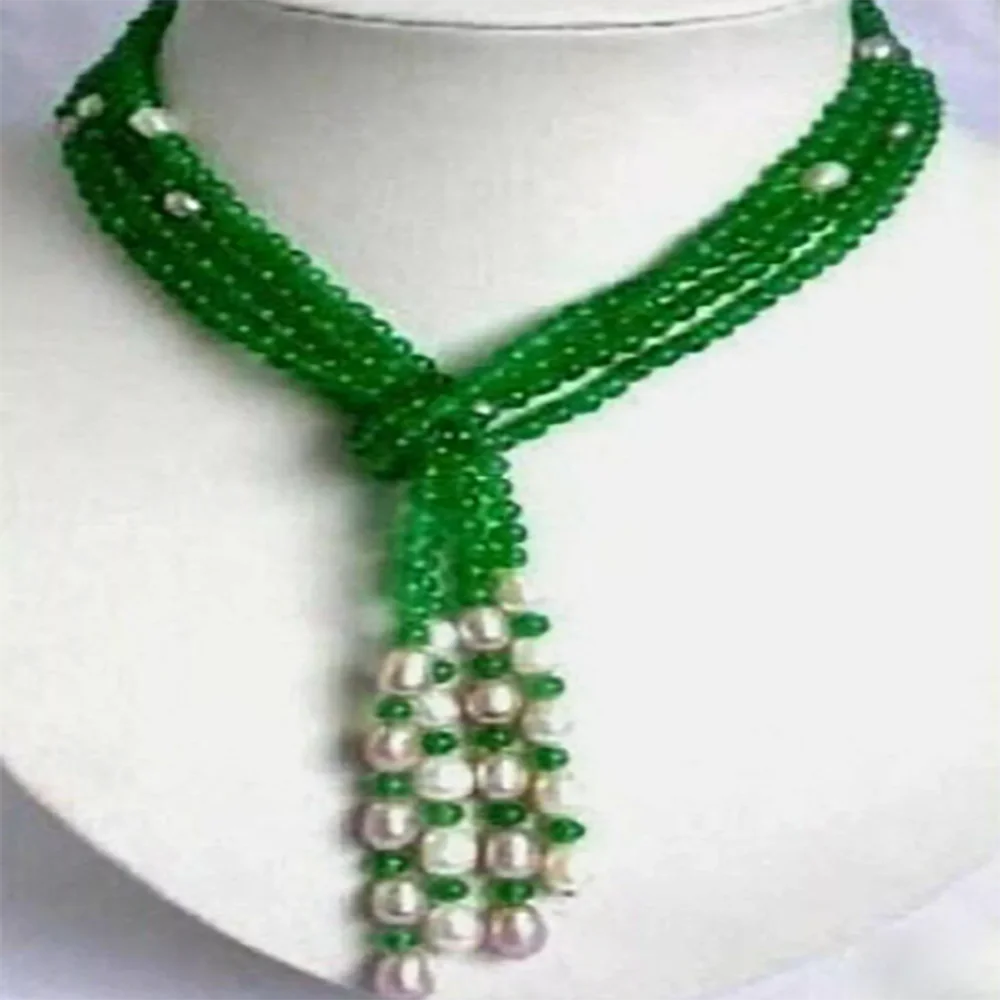 3 Strands Natural 4mm Green Jade Round Gems 7-8mm White Pearl Necklace 50''