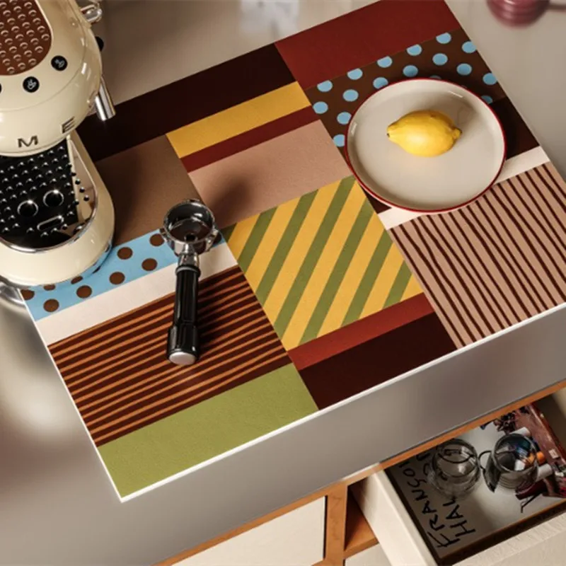 Vintage Patchwork Coffee Machine Drain Mat Retro Block Water Absorbent Kitchen Counter Pad Non Slip Quick Dry Heat Resistant