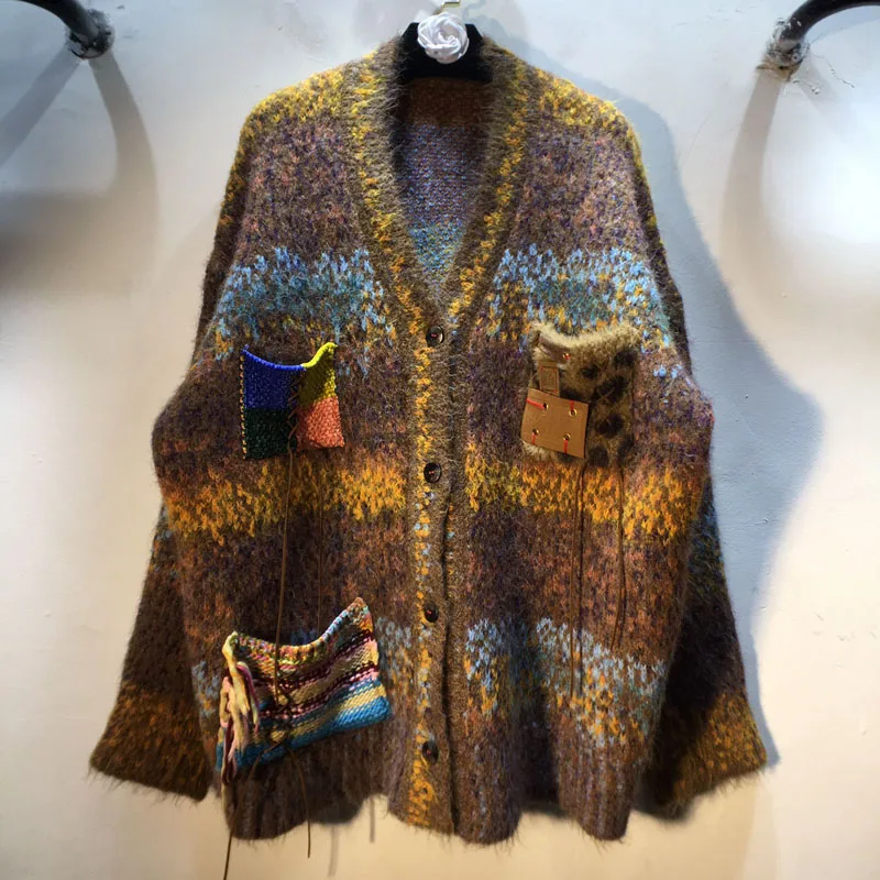 2025 Autunno Inverno Nuovo stile europeo Patchwork Stampa leopardata Tasca colorata Giacca cardigan maglione a blocchi di colore allentato dimagrante