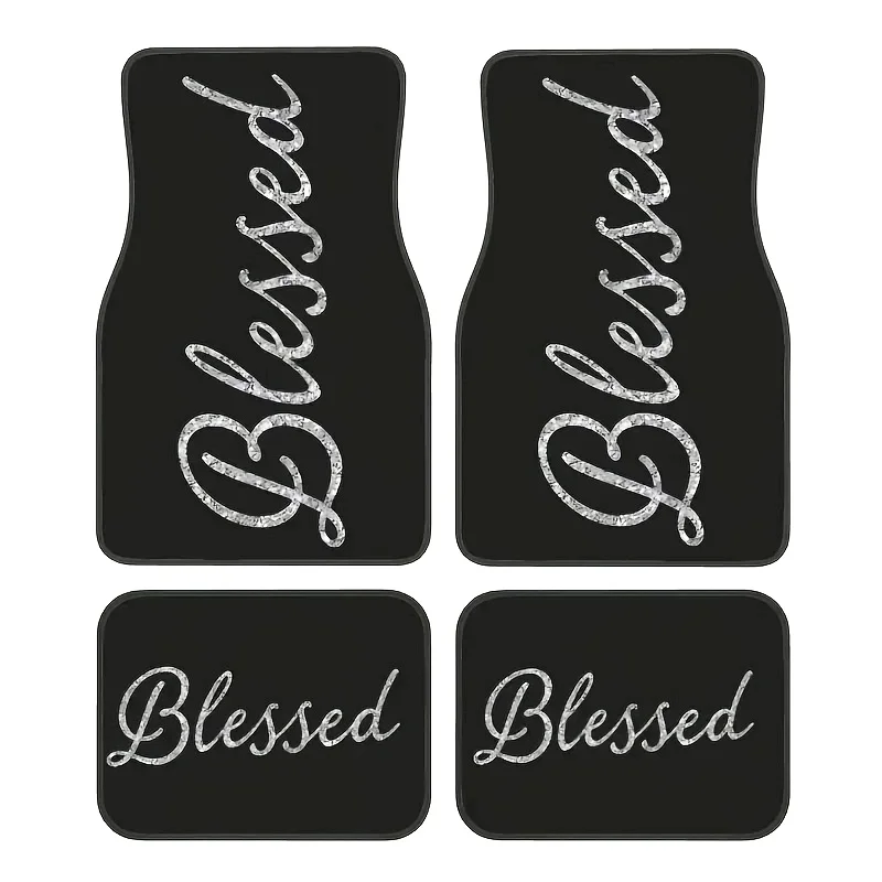 4pcs Blessed English Pattern Car Floor Mats Set - Durable And Easy-to-Clean Polyester Material, Suitable For All Models - Stylis