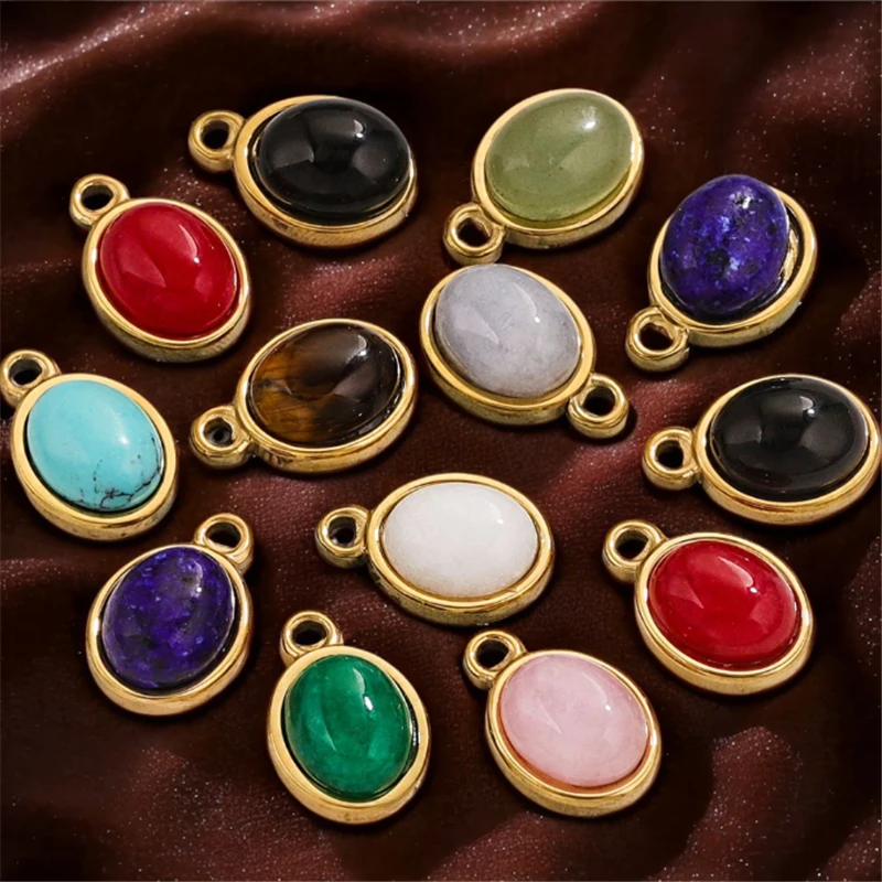 15Pcs/Lot New Fashion 18K Gold Plated Natural Stone Oval Charms DIY for Pendant Necklace Earrings Jewelry Findings Accessories