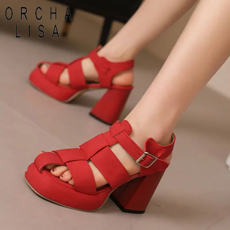 ORCHA LISA Leisure Women Sandals Square Toe Flock Block Heels 9.5cm Platform 3cm Buckle Strap Big Size 41 42 43 Soft Daily Shoes