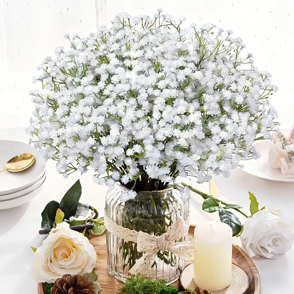 24 Bündel - 720 künstliche Blumen für den Valentinstag und Hochzeiten, weiße Sträuße mit realistischem künstlichem Schleierkraut, Dekorationsblumen für Feiertage, geeignet für Jubiläen, Hochzeiten, Verlobungen, Hotels, Gärten, St. Patrick's Day, Muttertag, Thanksgiving, Valentinstag und Juni-Tag-Dekorationen, ideal für die Innen- und Außenverkleidung von Häusern. – Detail 2