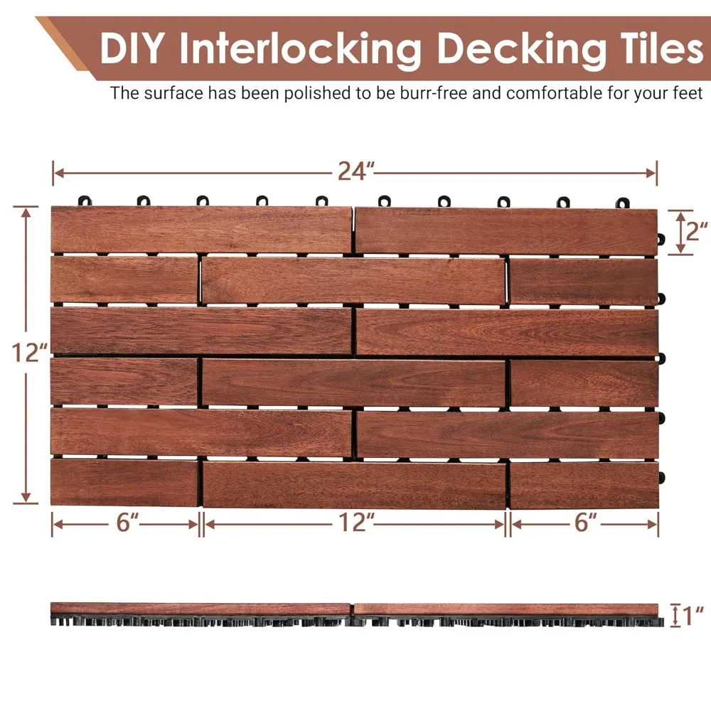 24 PCS Solid Acacia Wood Interlocking Patio Deck Tiles - 24