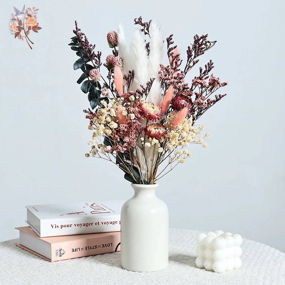 

Nature Dry Helichrysum Bracteatum Eucalyptus Colorful Flower Bouquet Boho Chic Centerpieces for Wedding Pampas Grass Home Decor