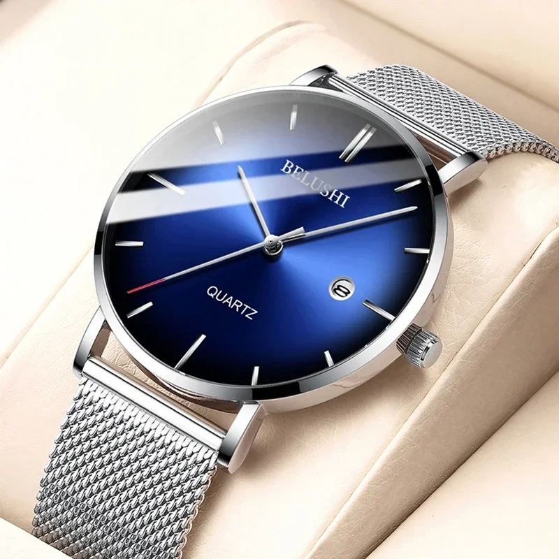 BELUSBottles-Montre à quartz en maille d'acier mince pour hommes, montre-bracelet analogique étanche, horloge masculine, marque supérieure, mode de luxe