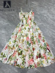 AELESEEN Runway Fashion Long Dress Women Spaghetti Strap Pink Green Flower Print Slim High Waist Pleated Camisole Holiday