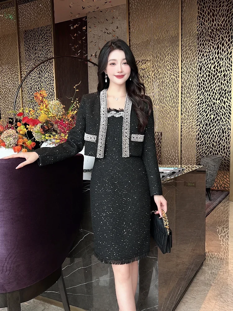 High end design light luxury socialite two-piece set for women's 2024 winter new banquet party short coat long skirt set