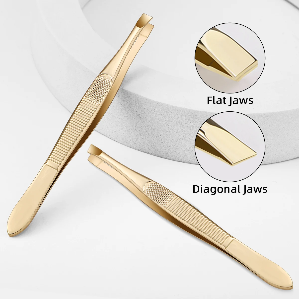 Eine goldene Edelstahl-Augenbrauenpinzette, mit flachem und schrägem Design, Pinzetten-Werkzeug zum Zupfen von Augenbrauen und Bart, Unisex. – Detail 2