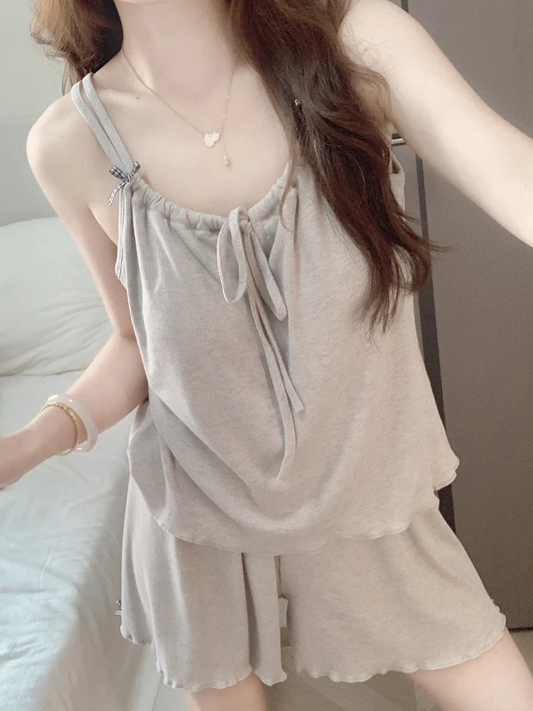 

2025 New Women's Cotton Nightgown Summer Strap ort Pants Sexy Home Clothes Set Svel Chest Pad Thin Polyester Fiber