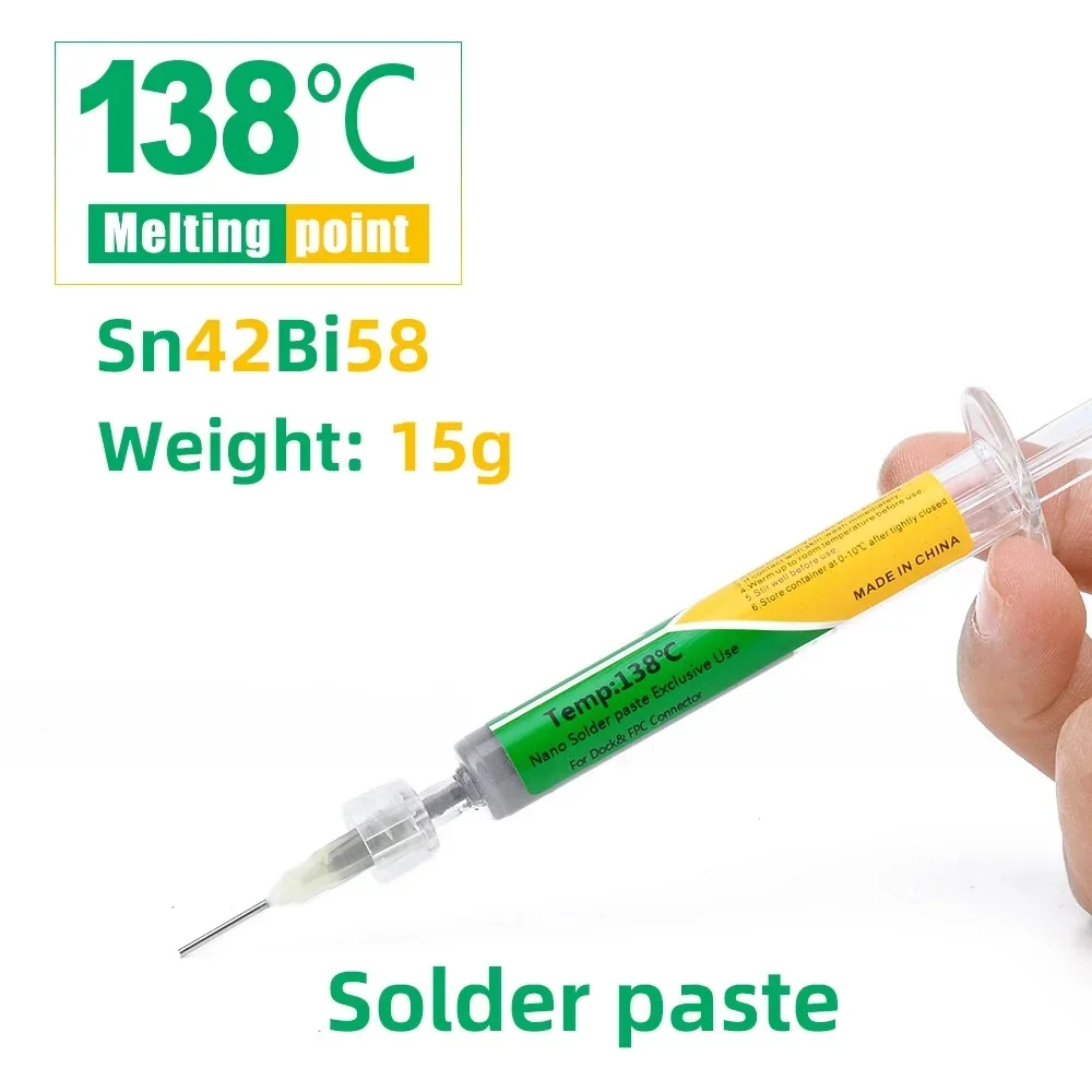 Jeringa SMD de baja temperatura, pasta de soldadura Led, Sn42bi58, 138 ℃, 15g