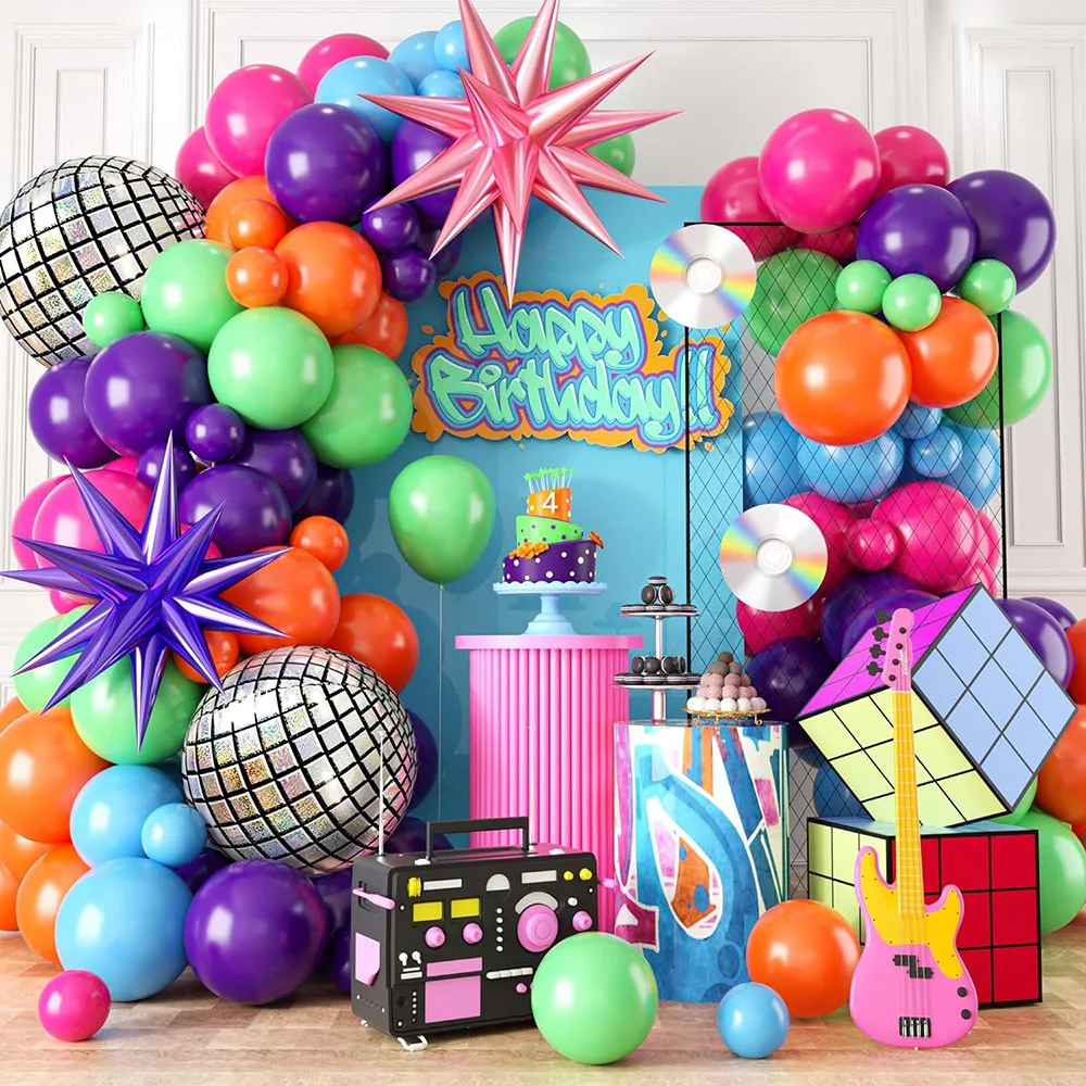 Arco de globos 0S 90S, guirnalda de globos de estilo retro de 104 piezas, globo rosa, azul, verde, morado y naranja con bola de discoteca, globo de papel de aluminio con estrella de explosión, adecuado para decoración de fiesta de cumpleaños temática de los años 80 y 90