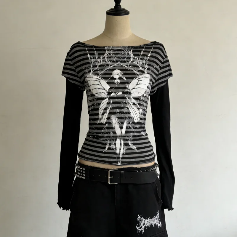 Women's Slim Fit Printed Top with Dark Decal Gothic Design Striped round Neck Long Sleeved Fake Two-Piece Set