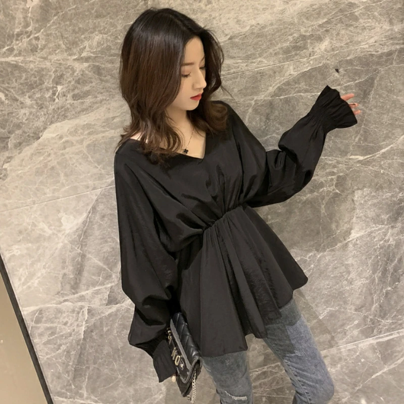 Blouses Women Spring Korean Style Loose Simple V-neck Elegant Solid All-match Popular Aesthetic Sexy Female Chic Gentle Comfort