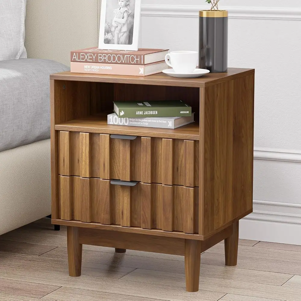 

Solid Wood 19 Wide Nightstand with 2 Drawers, Open Storage Shelf, Modern Century Style, Walnut Finish