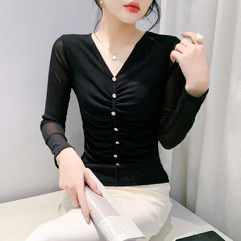 Black Korean Style Fall Winter Mesh T-Shirt Chic Sexy V-Neck Draped Women Tops Long Sleeve Bottoming Shirt Tees 2024 New 491907