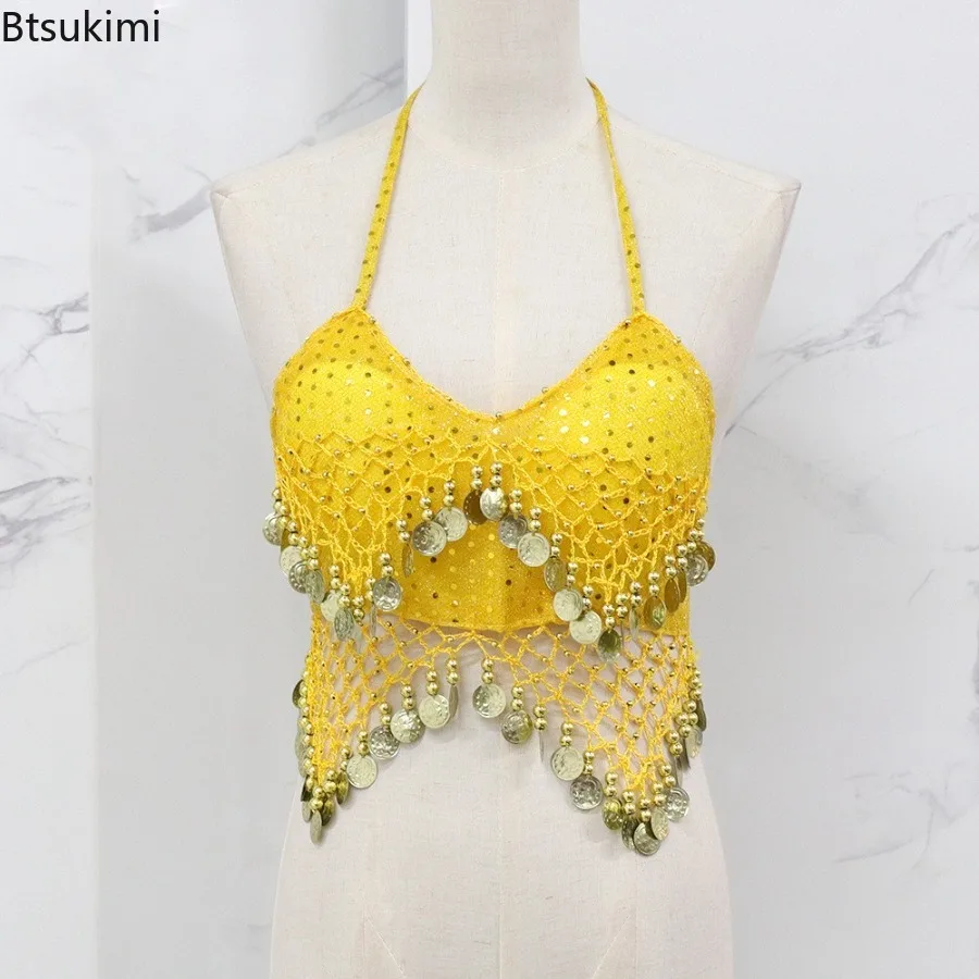 Damski krótki top do tańca brzucha z koralikami, wyraźnymi frędzlami, biustonosz bez pleców, krótki top do tańca sportowego, niezdejmowane wkładki, karnawałowe damskie topy biustonoszowe.