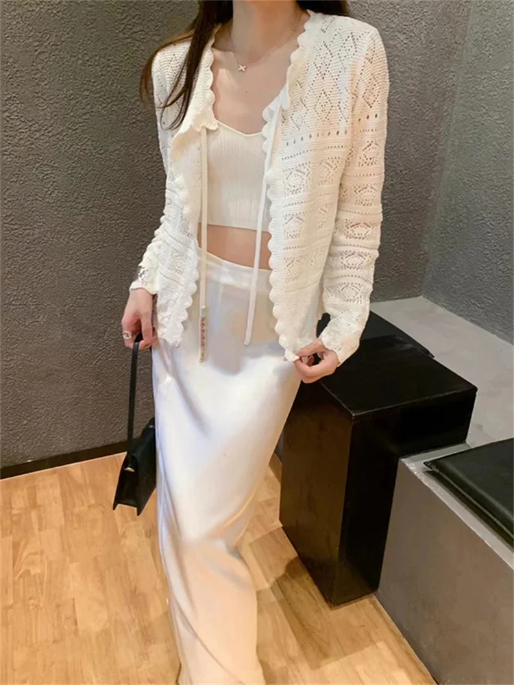 

Colorful Trim Hollow Out Knit Cardigan Female Elegant Lace-Up Round Neck Sweater 100% Cotton for Women Early Autumn 2024