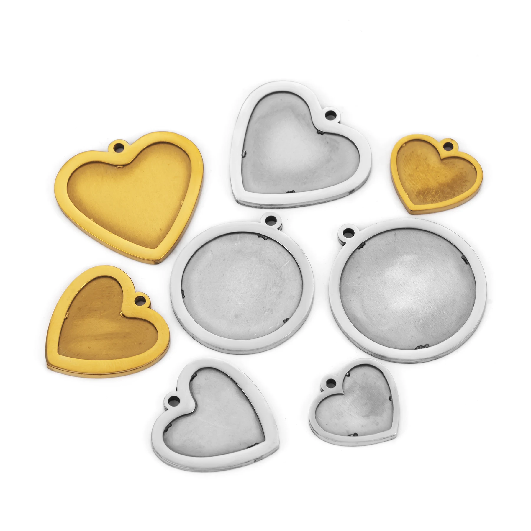 4 Stück/Set Edelstahl Polierte Fotorahmen-Anhänger-Rohlinge Herz Runde Cabochon-Anhänger für DIY-Schmuck – Detail 2