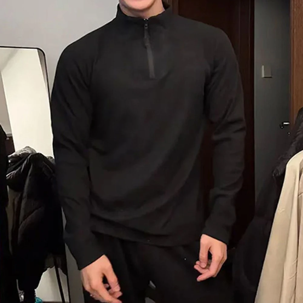 Men Quick Dry Long Sleeve Stand Collar Half Zip T Shirt Solid Color Fitness Training Sports Casual Pullover Tops