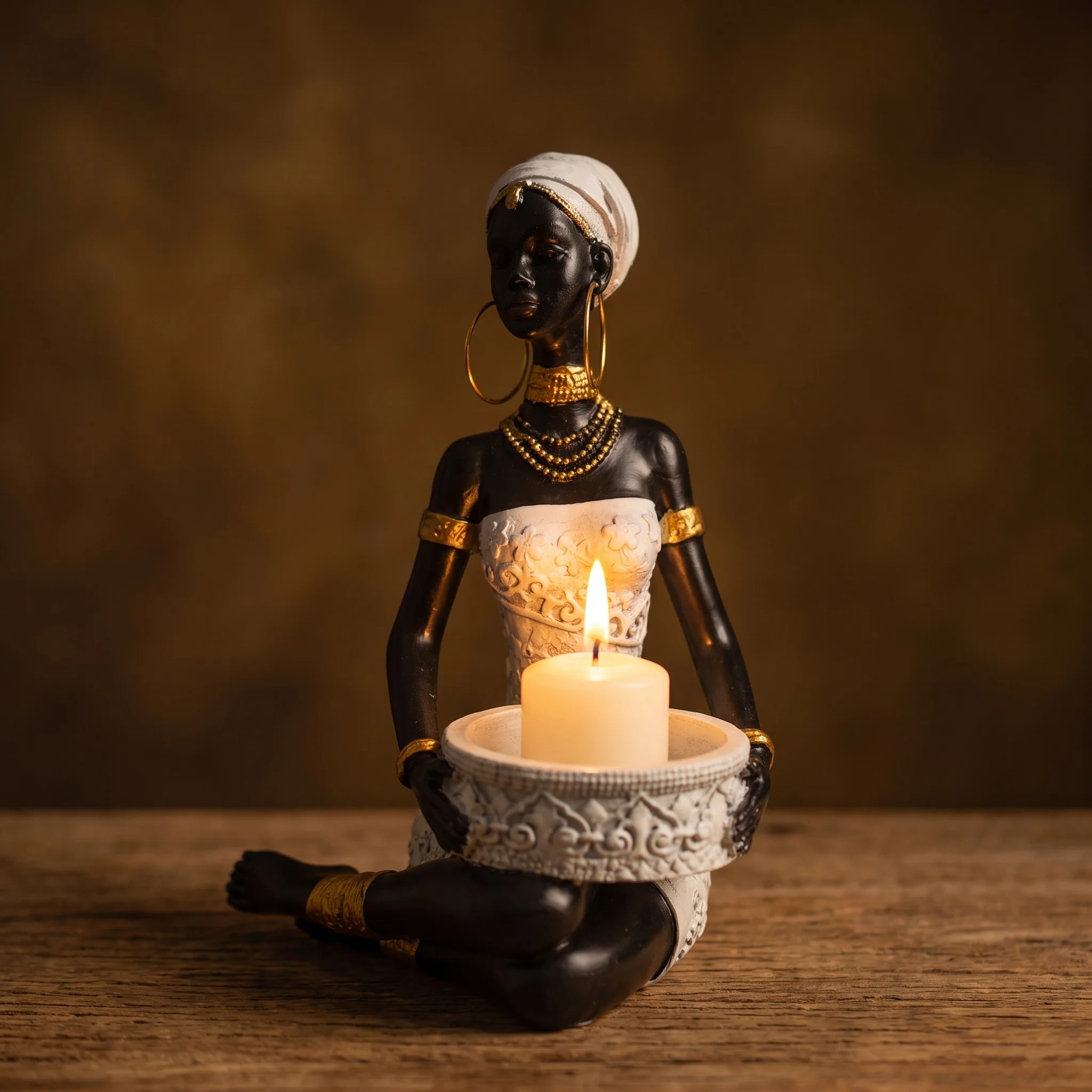 Bohemian-Style African Woman Carrying a Tray Sculpture, Home and Office Storage Ornament, Vintage Collectible Decorative Artwork