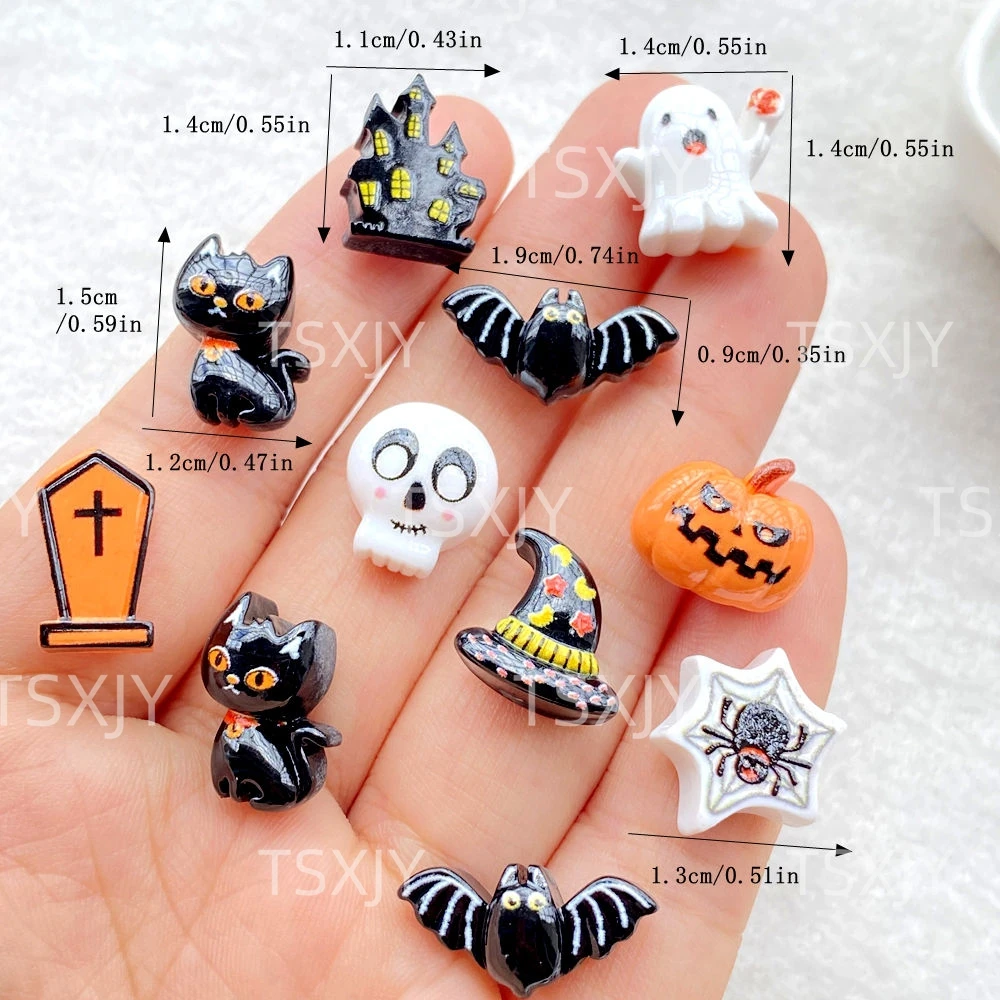 20pcs Resin Colorful 3D Cartoon Halloween Skull, Bat, Ghost, Black Cat, Spider Figurine  Decor DIY Halloween Scrapbook Crafts