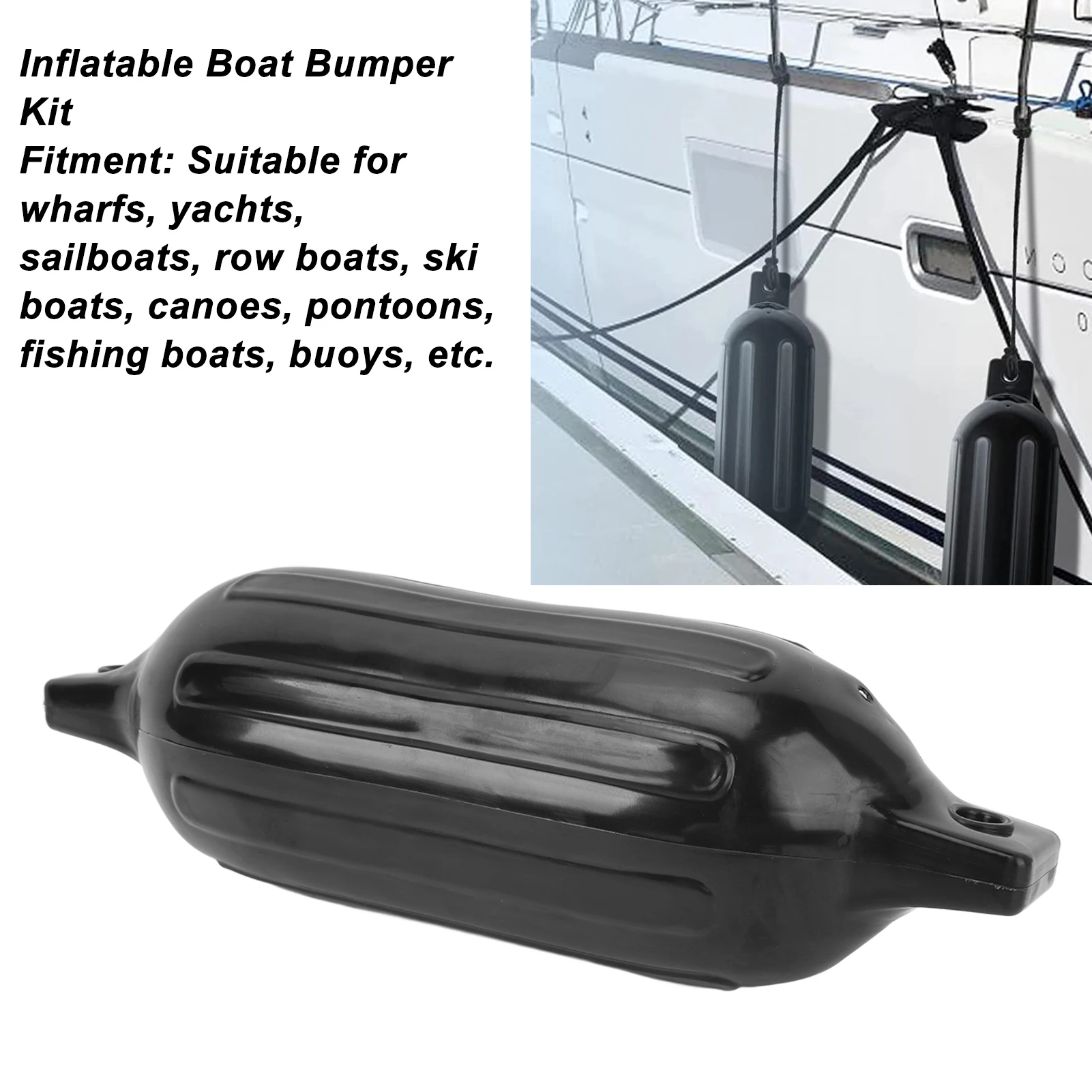 Marine Black Bumper Ball Set, Inflatable Boat Bumper Kit Protective Ribbed Buoys Docking for Yacht Pontoon Fishing Boat Marine