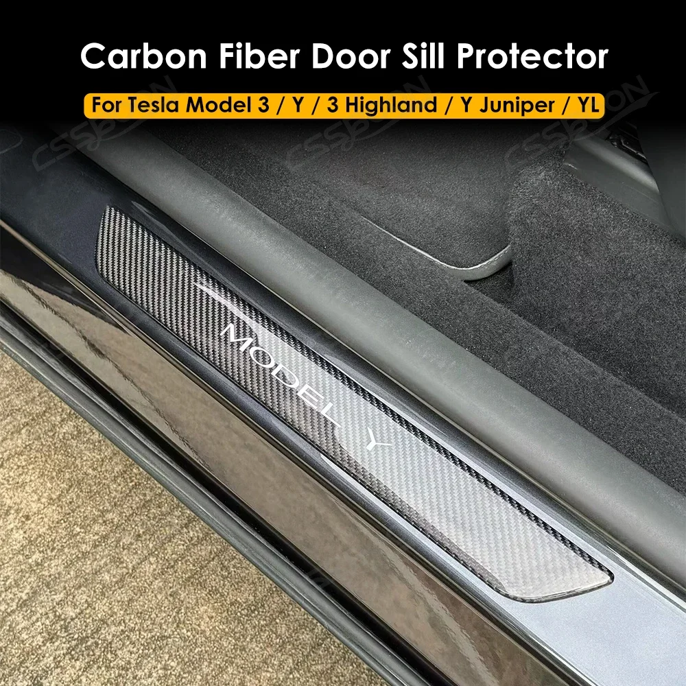 3K Carbon Fiber Front Rear Door Sill Protection Strip for Tesla Model 3 Y Juniper Forged Patter Door Edge Modify Accessories