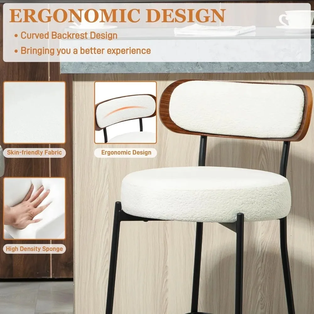 مجموعة مقاعد بار FUNCOLOR مقاس 28 بوصة مكونة من 2، مقاعد للبار بيضاء حديثة بارتفاع مضاد مع ظهر خشبي لجزيرة المطبخ، منجد F