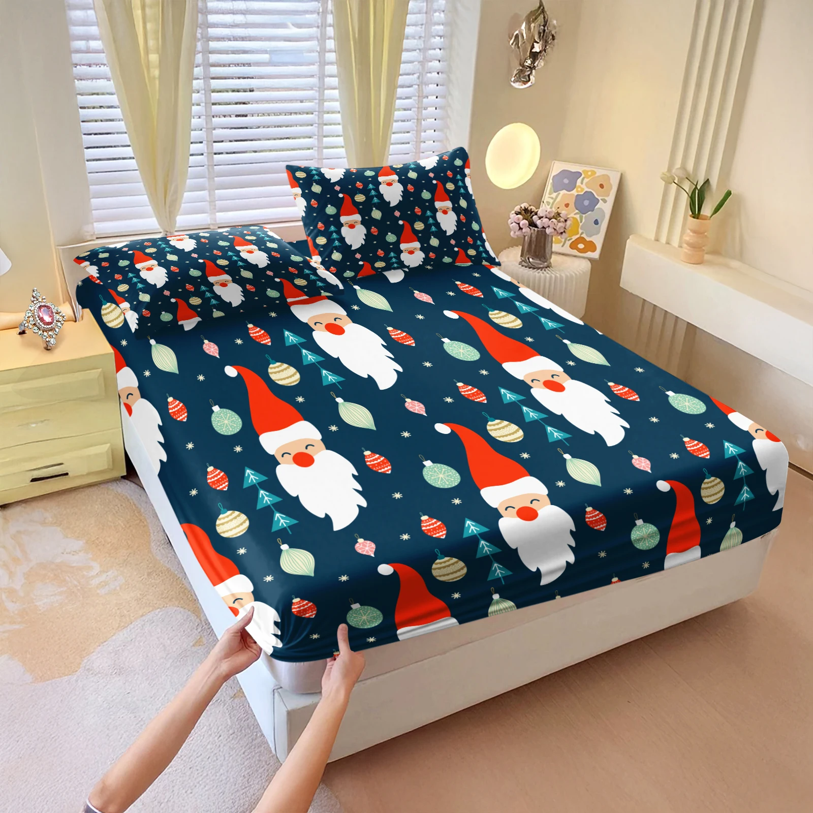 3Pcs Cute Santa Claus Pattern Fitted Sheet Set, Retro Christmas Ornaments Print, Festive Holiday Bedding, No Pillow Insert