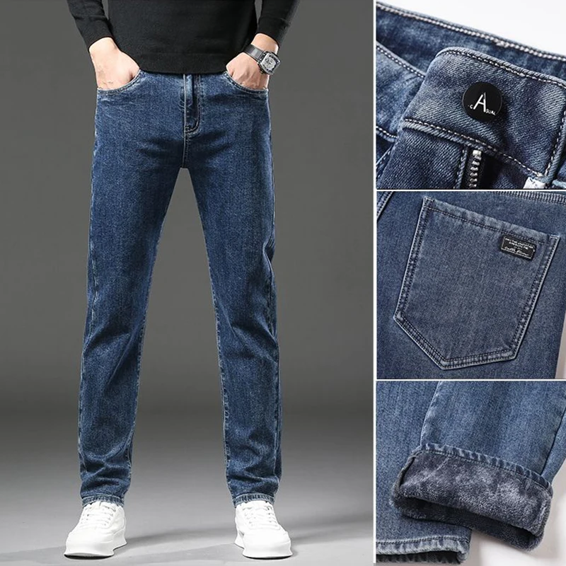 2025 Winter Warm Men's Fleece Thick  Pants Business Stretch Slim Fit Denim Pants Classic Casual Black Gray Blue Trousers
