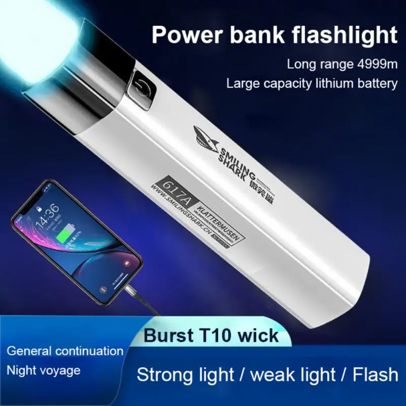 2 In 1 Usb Zaklamp 1200Mah Mobiele Telefoon Oplaadbare Sterk Licht Fakkel Zoeken Camping Wandelen Vissen Noodverlichting