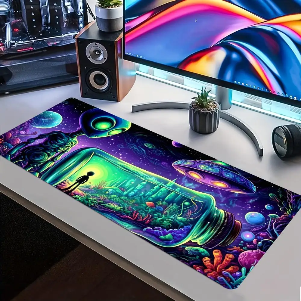 Psychedelic Alien Space Large Mouse Pad Non Slip Rubber Base Galaxy Print Gaming Desk Mat Smooth Mousepad For Gamer Decor