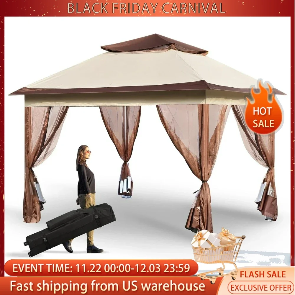 Patio Gazebo, Pop up Gazebos for 8-10 Person with Mosquito Netting, and PU Coated 250D Oxford Cloth,11 x 11FT Gazebo