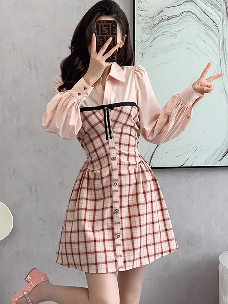 

Women Pink Plaid Patchwork Polo Collar Shirt Dress 2024 Elegant Casual Fake Two Piece Dress Autumn Winter Pleated Bodycon Dress