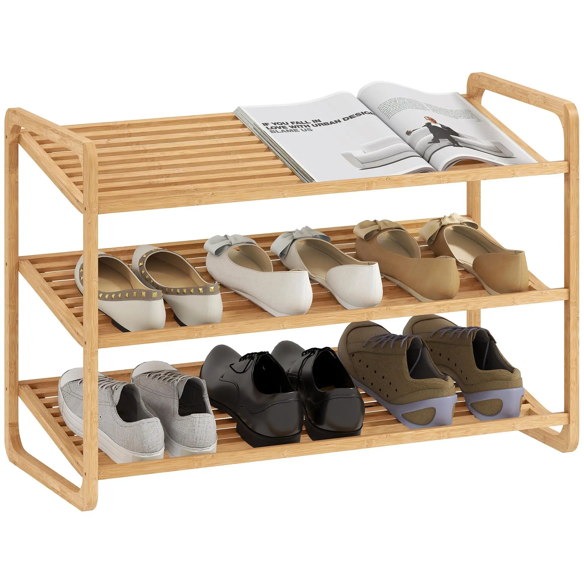 Étagère à chaussures en bambou à 3 niveaux, 12 paires de chaussures, 76x33x50,8 cm, naturelle, stable jusqu'à 30 kg