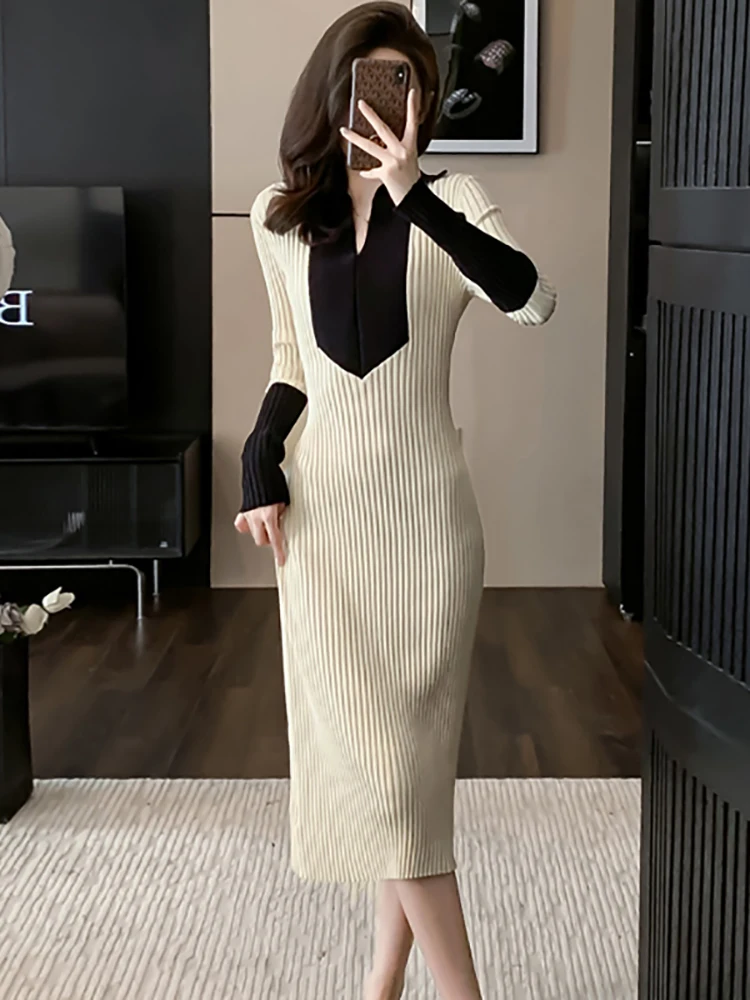

Women Fashion Patchwork Long Sleeve Polo Collar Dress Autumn Winter Elegant Knitted Sweater 2025 Korean Vintage Bodycon Dresses