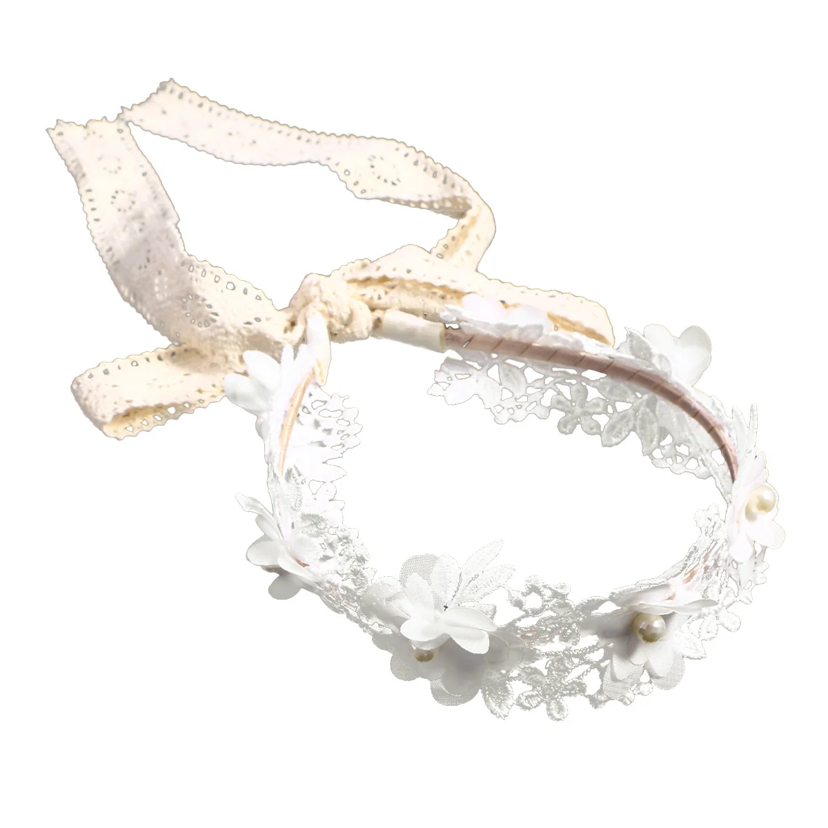 

White Korean Style Flower Hair Band Lace Flower Crown Adjustable Binding Rope Elegant Headband for Wedding Party Birthday Hair